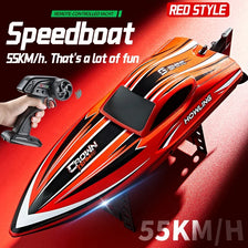 An orange and black speedboat is shown with a remote control in the foreground, highlighting its high-speed performance.