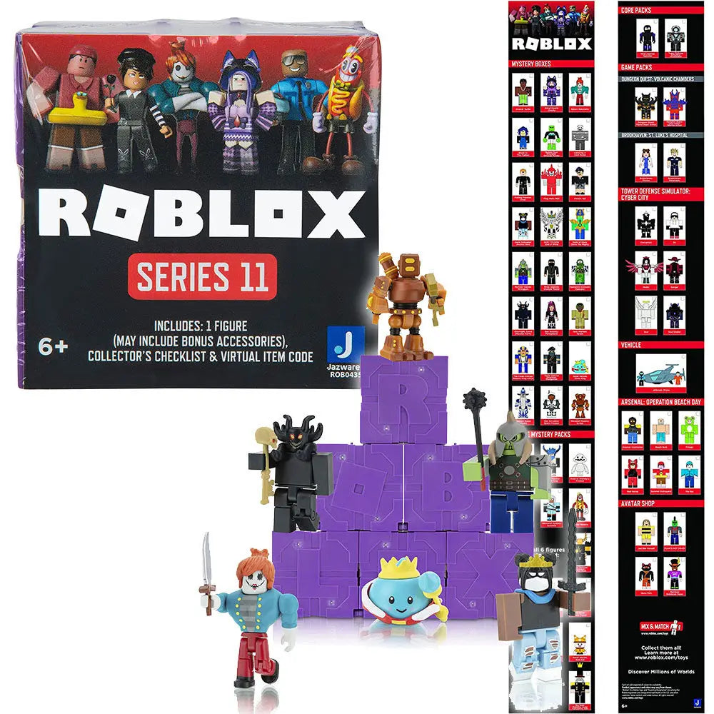 A box of Roblox Series 11 collectible building block figures and accessories, including a figure in a blue shirt and red pant