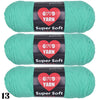 Three skeins of Super Soft green acrylic yarn labeled GOVD YARN for crochet and knitting