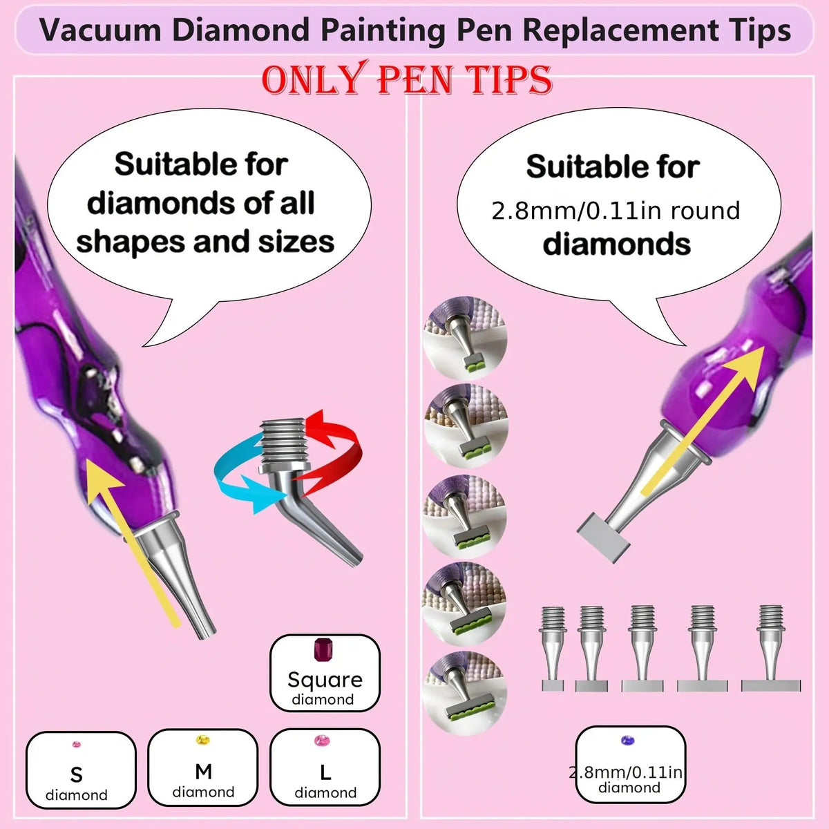 Replacement tips for vacuum diamond painting pens, suitable for various diamond shapes and sizes like square, round, and vari