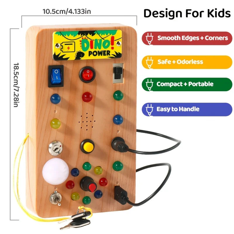 A wooden busy board for kids featuring various switch controls and interactive elements with attached wires.