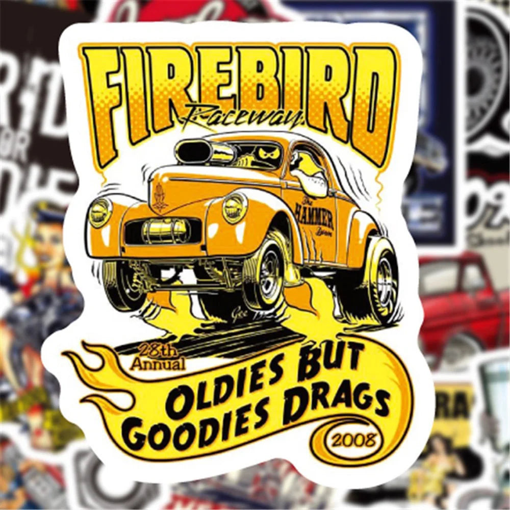 Vintage Hot Rod Car Sticker Pack – Retro Decals for Laptops, Luggage & Skateboards