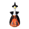 A decorative porch goose with a black witch hat and seasonal orange and black Halloween decor