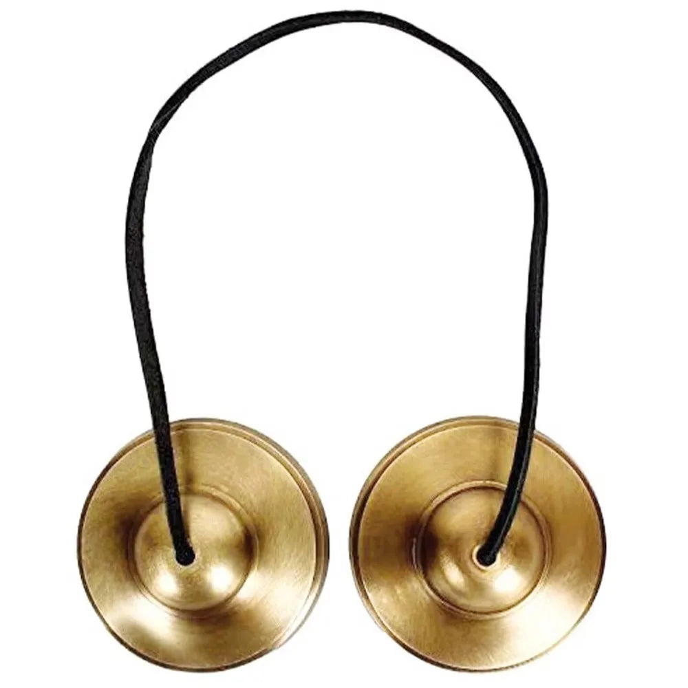 Handcrafted brass tingsha cymbals with eight auspicious symbols