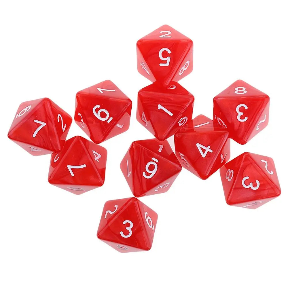 A set of ten red acrylic polyhedral dice showing various numbers and shapes.