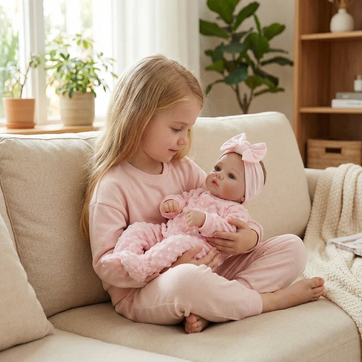 A young girl is holding a lifelike soft body baby doll in pink clothing while sitting on a sofa.