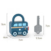 A blue toy police train with a handle and a key, used for number matching and lock play.
