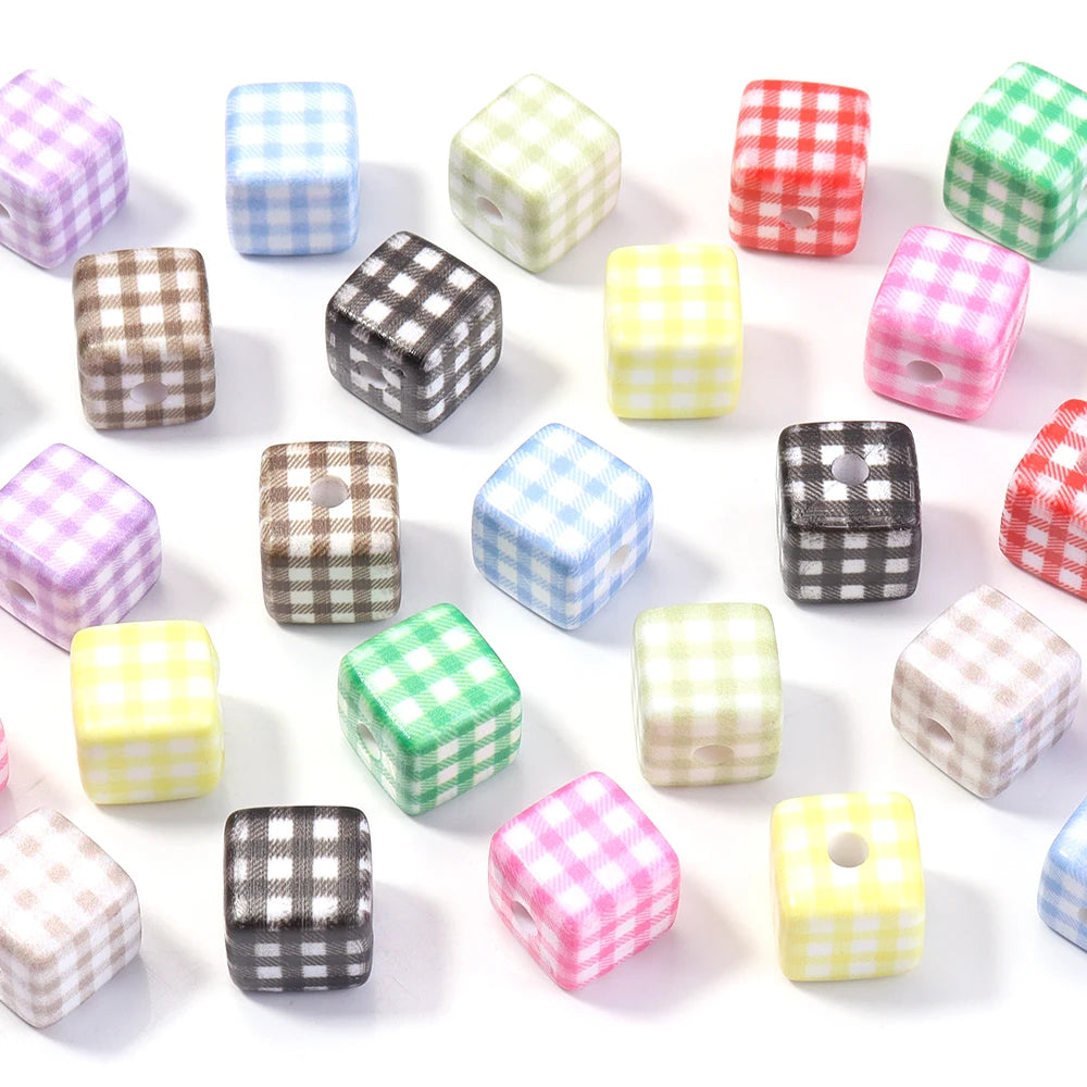 Classic Plaid Acrylic Cube Beads for Jewelry Making