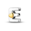 Sterling silver alphabet charm bead shaped like the letter E with a heart accent.