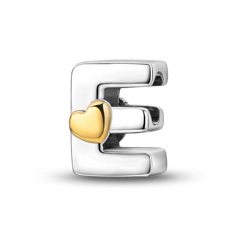 Sterling silver alphabet charm bead shaped like the letter E with a heart accent.