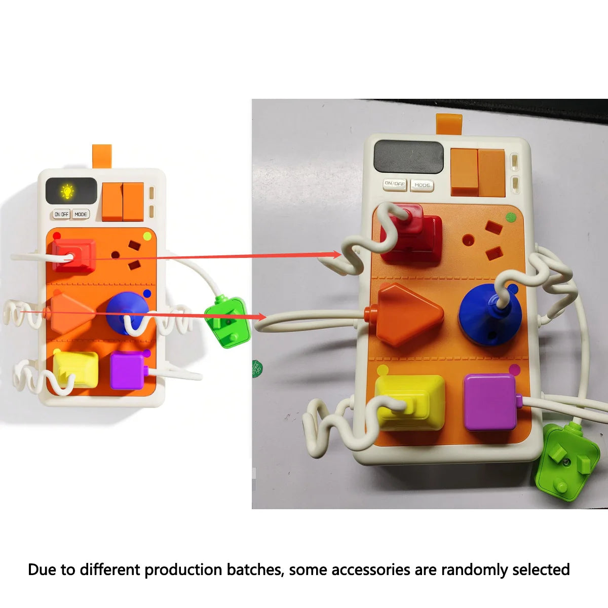 An interactive busy board featuring various colorful accessories, lights, and sounds on a white background.