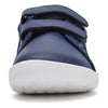 A navy blue kids barefoot sneaker with black hook-and-loop straps and a white sole.