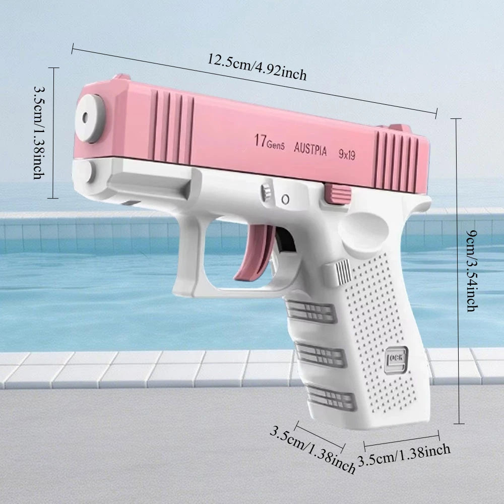 A pink and white tactical water blaster pistol is shown with various dimensions.
