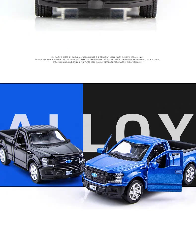 A blue Ford F150 SVT Raptor 1:36 diecast model truck.