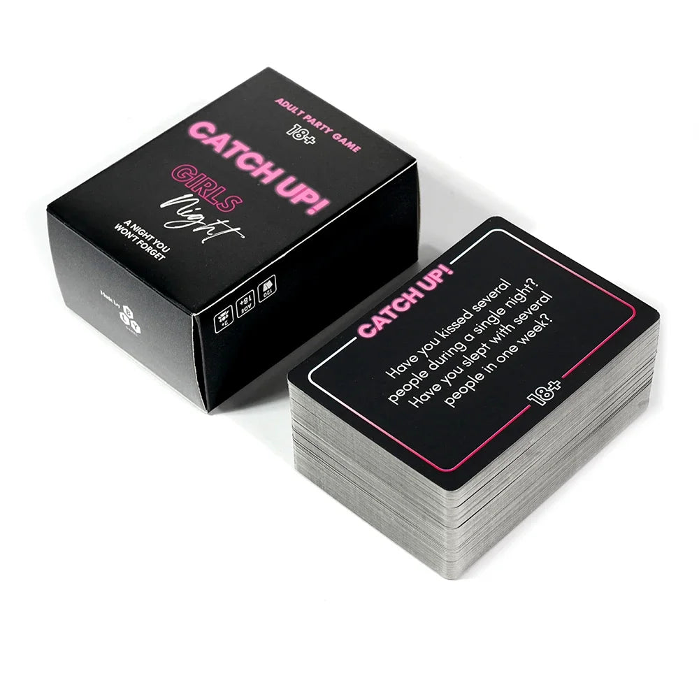 A box of Catch Up cards for a girls night in game featuring the title Girls Night Catch Up!