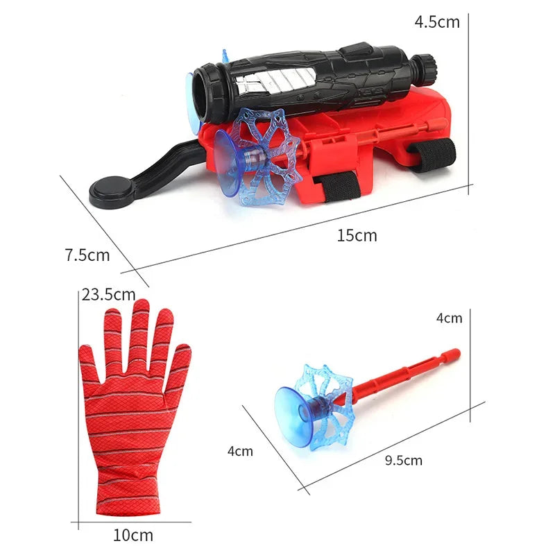 A red and black superhero launcher toy set featuring a wrist-mounted mechanism and a blue suction cup dart.