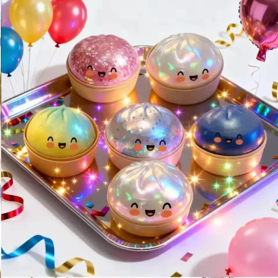 A collection of pink, yellow, and blue squishy dumpling stress relief toys displayed on a silver tray.