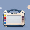 A light blue magnetic drawing board for kids with a clear grid surface and purple eraser.