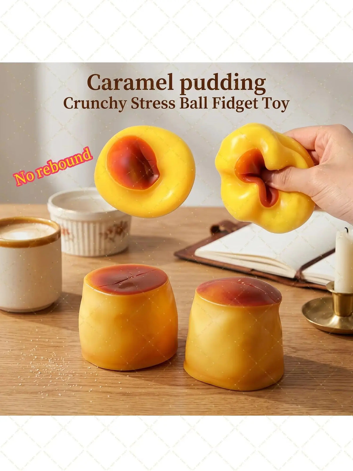 A hand holds a yellow caramel pudding stress ball fidget toy next to a small white cup and a book.