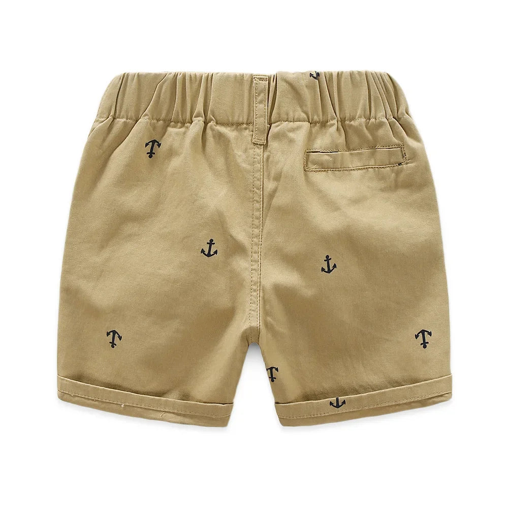 Khaki boys cotton beach shorts featuring a repeating anchor print
