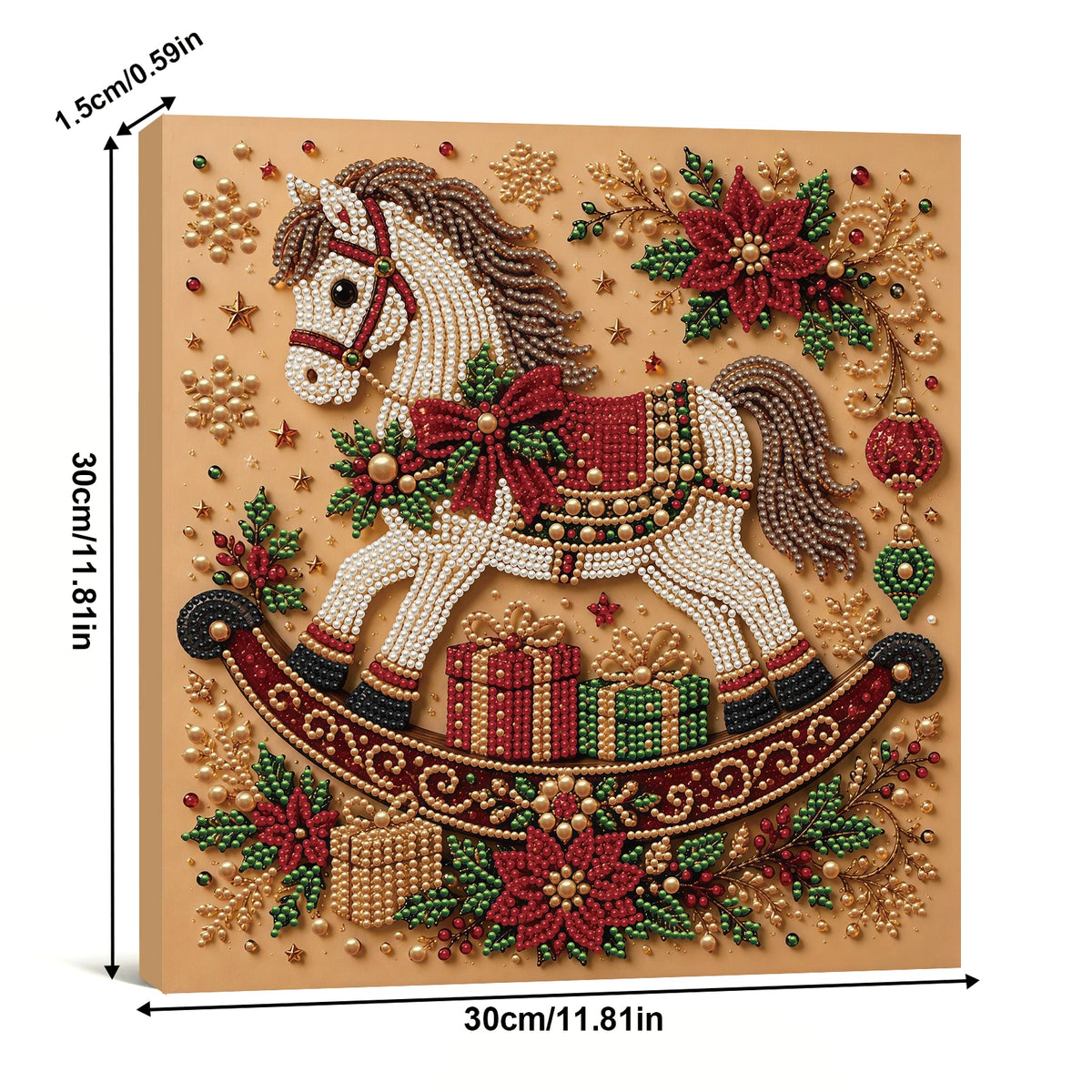 A framed piece of art depicting a horse adorned with red and white pearls and jewels, suitable for a Christmas pearl diamond 
