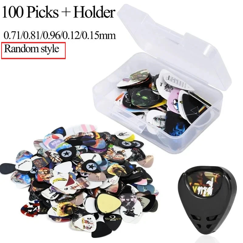 A clear plastic holder containing 100 guitar picks of various thicknesses and a leather pick holder.