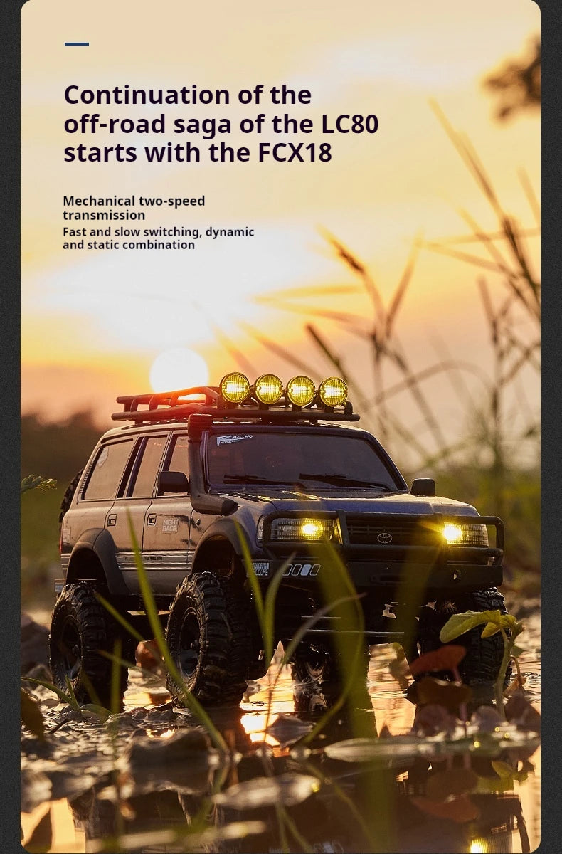 A Toyota Land Cruiser modified for off-road use is shown in a field at sunset, with a spotlight mounted on the roof.