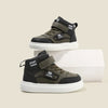 A pair of dark olive green and black kids' high-top sneakers with white soles and velcro straps.