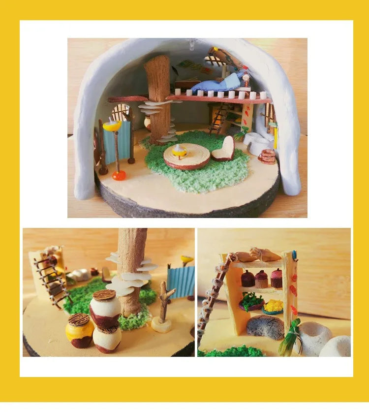 A display of air-dry stone plastic clay sculptures and crafts arranged on a wooden surface.