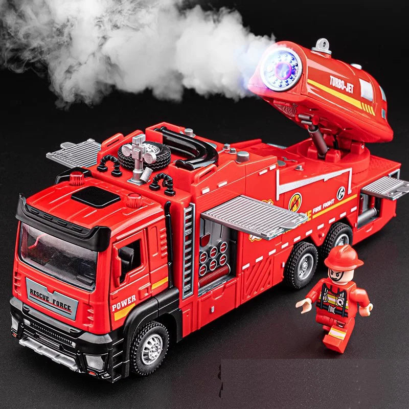 A red fire truck toy with a ladder and smoke effect, featuring a firefighter figure.