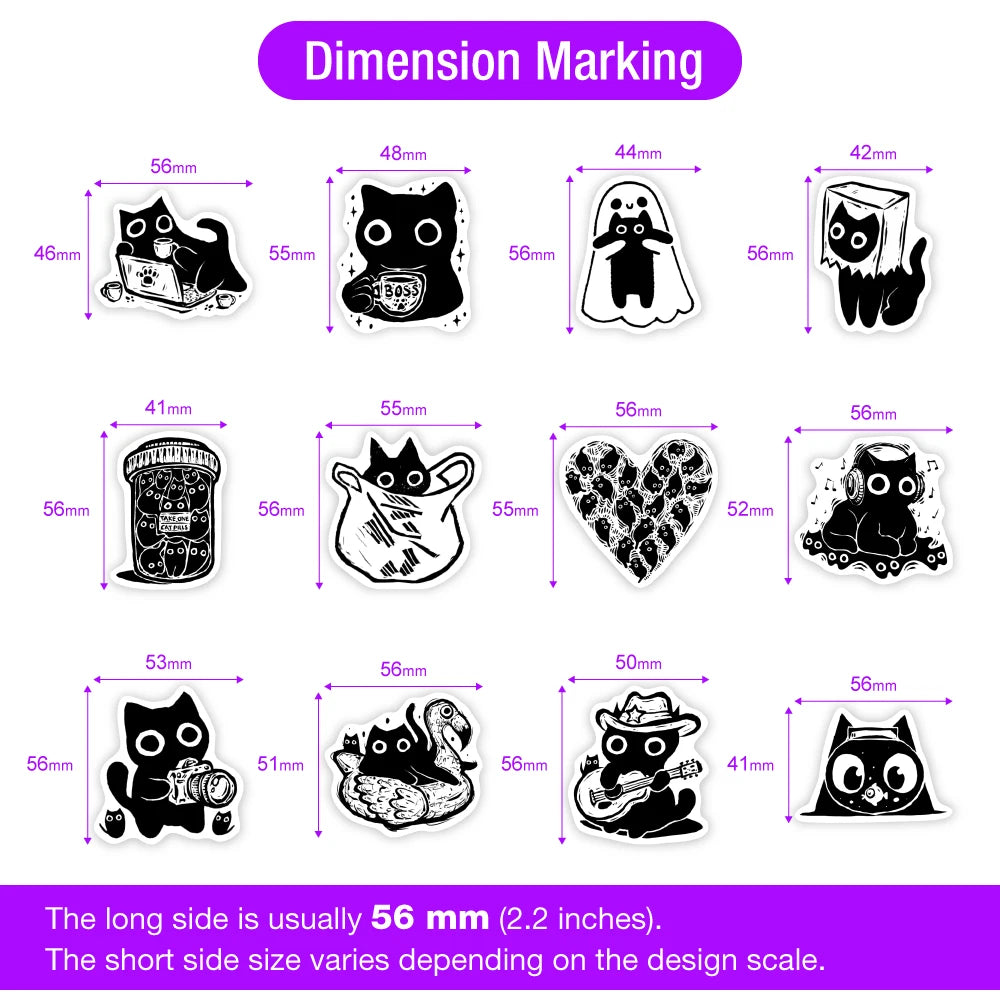 A collection of dimension marked black cat stickers showing various sizes and designs.