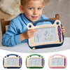A child holds a blue magnetic drawing board for kids with various colored etching toys.