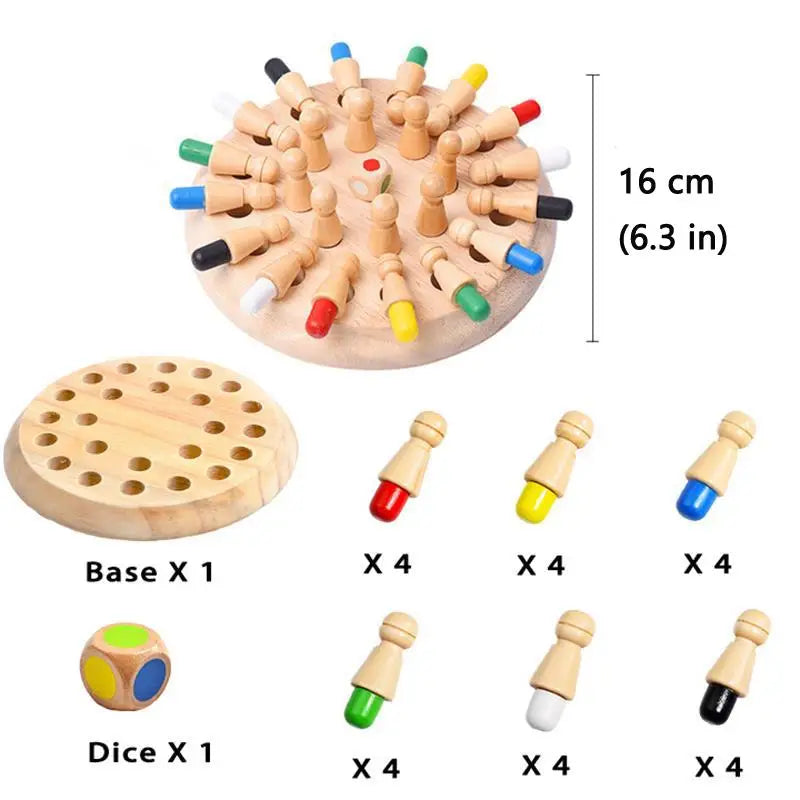 A set of wooden memory match sticks and dice for a kids game, including a base and various colored dice.