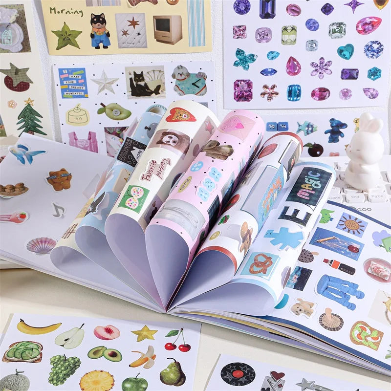 An open book filled with retro aesthetic stickers for DIY crafting, featuring various colorful and patterned stickers.
