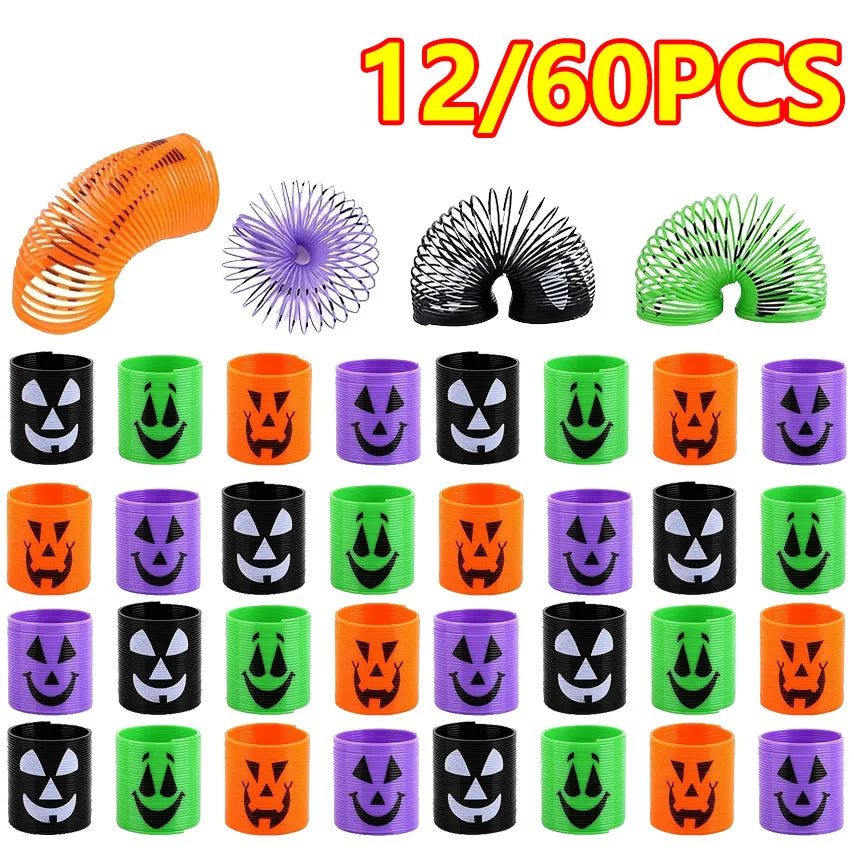 A set of 12 or 60 Halloween pumpkin coil spring toys for party favors in various colors and designs.