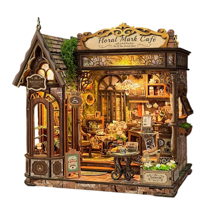 DIY Wooden Flower Shop Café Dollhouse Miniature Kit with LED Lighting