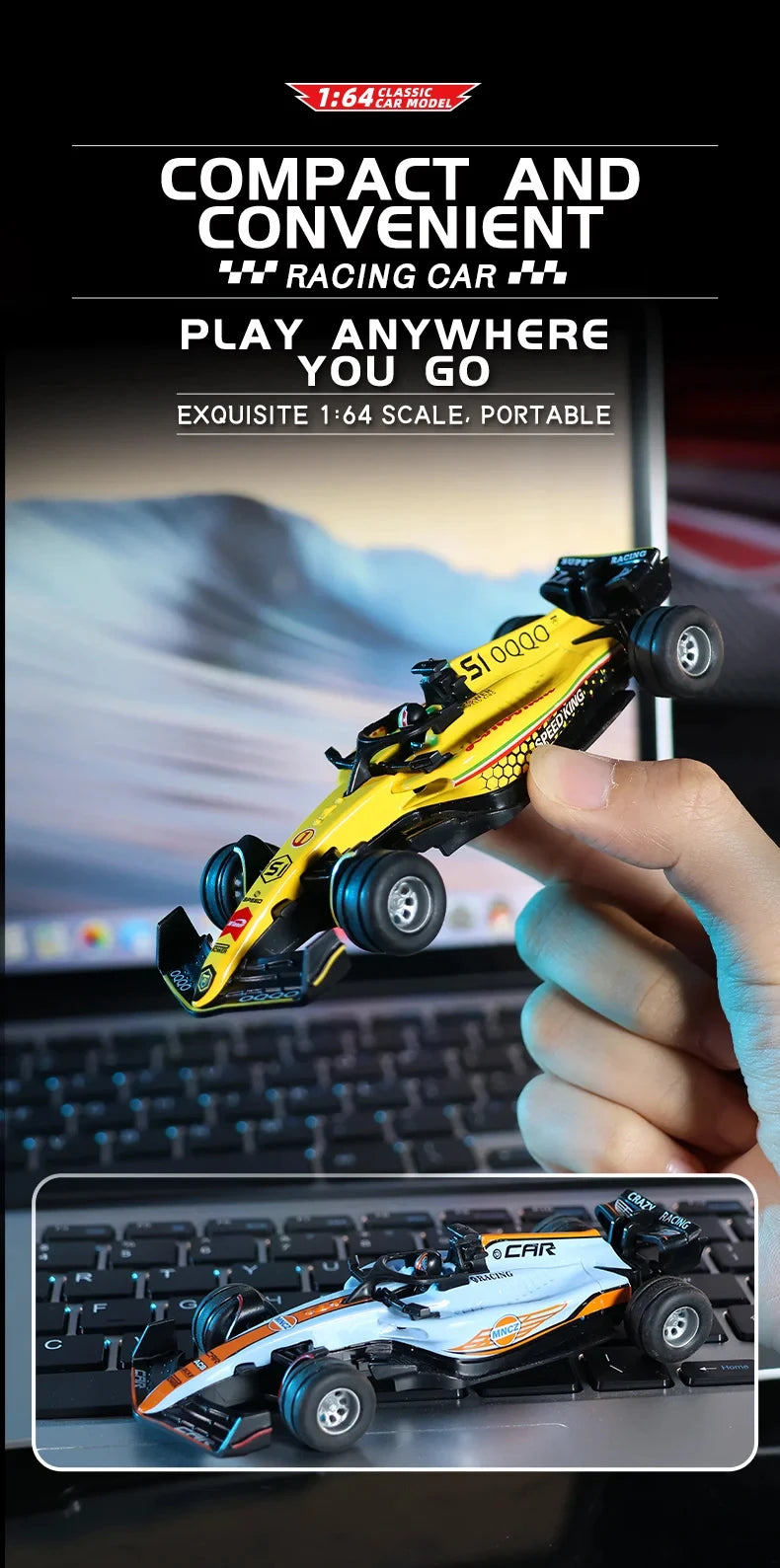 A yellow and black 1:64 scale racing car is held by a hand, demonstrating its compact and convenient design.