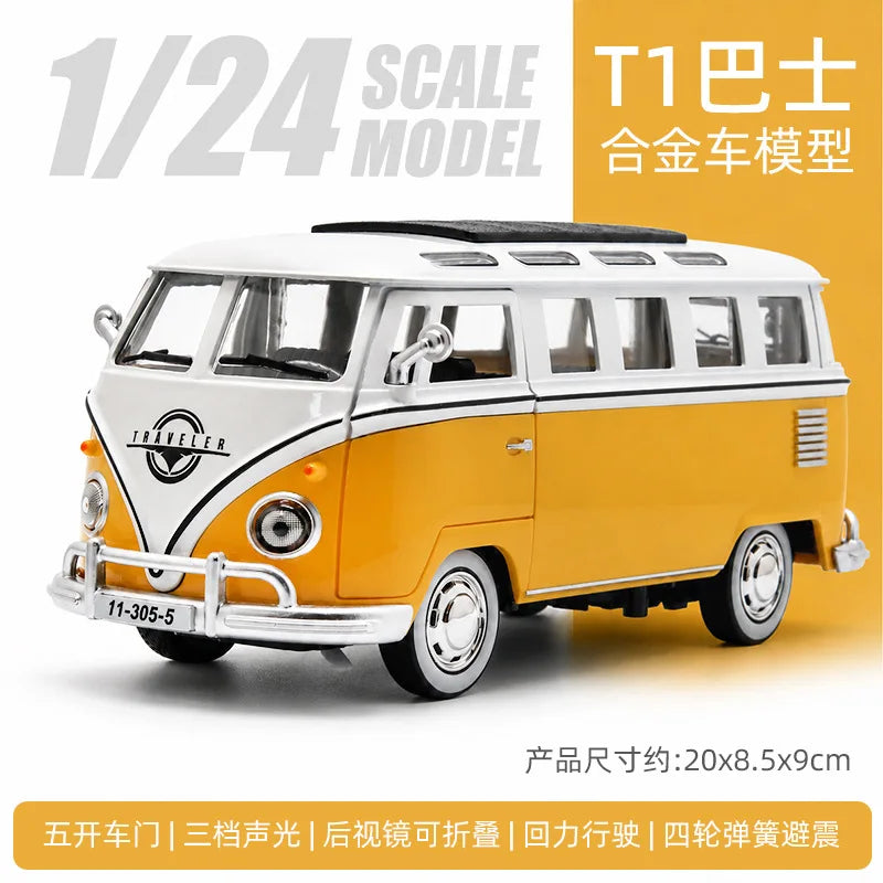 1/24 scale model of a yellow vintage-style metal bus with pull-back action.