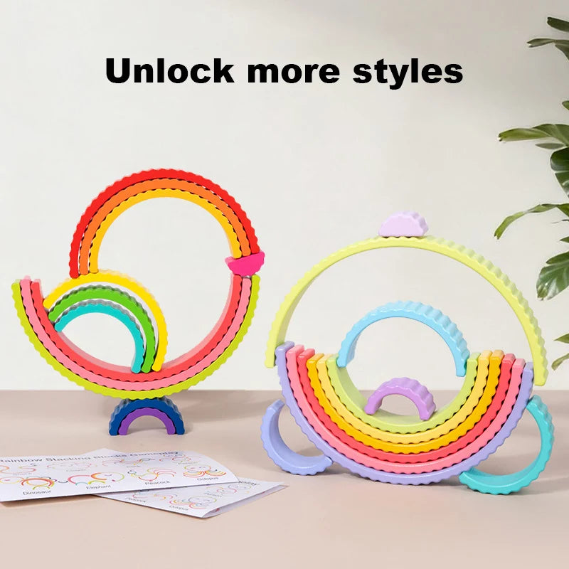 A set of colorful rainbow arch stack blocks for Montessori play, showing various arches and colors.