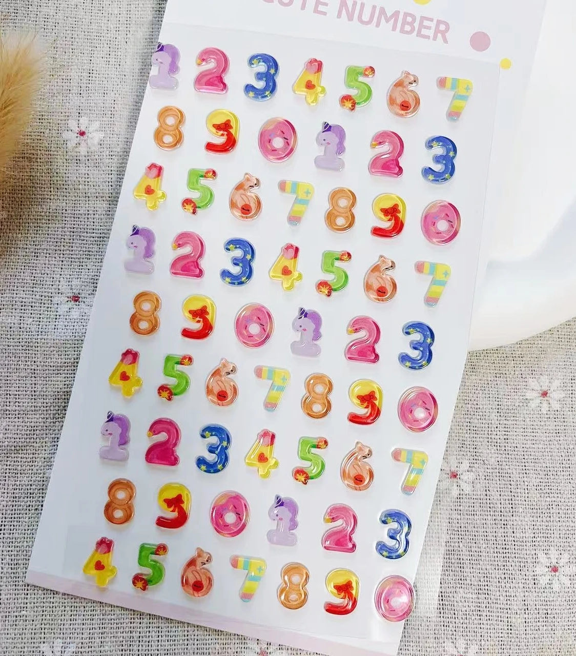 A sheet of colorful 3D smile face crystal stickers numbered 1 through 9, arranged in a grid.