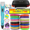 A blue 3D printing pen with an LCD display and a black carrying case, surrounded by various colored PLA filaments.