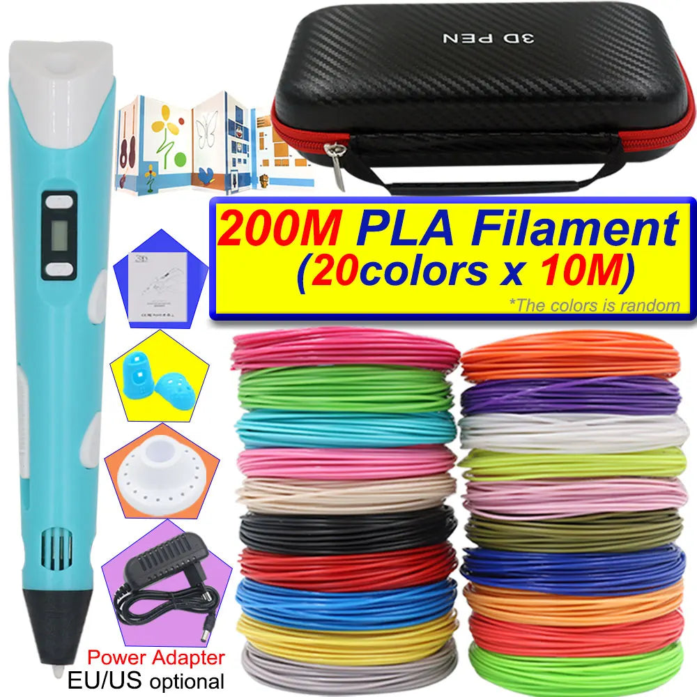 A blue 3D printing pen with an LCD display and a black carrying case, surrounded by various colored PLA filaments.