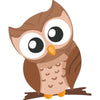 A cute brown owl with large eyes looking forward.