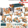 A set of 157 pieces for color randomization and assembly, including wooden tools and a toy drill.