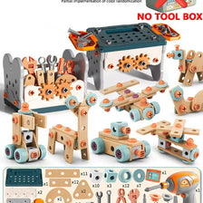 A set of 157 pieces for color randomization and assembly, including wooden tools and a toy drill.