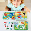 A child holds a colorful Montessori word recognition quiet book with interactive stickers and various related items.