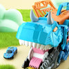 A blue dinosaur truck is shown transforming, with a yellow die-cast car emerging from its mouth.