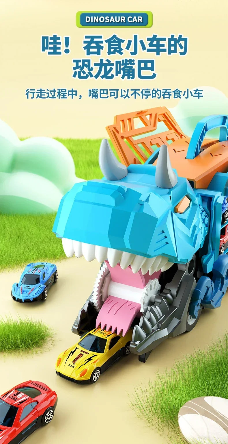 A blue dinosaur truck is shown transforming, with a yellow die-cast car emerging from its mouth.