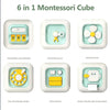 A set of six Montessori cubes including a password lock drawer, rotating clock, rotating fan, dial telephone wheel, push swit