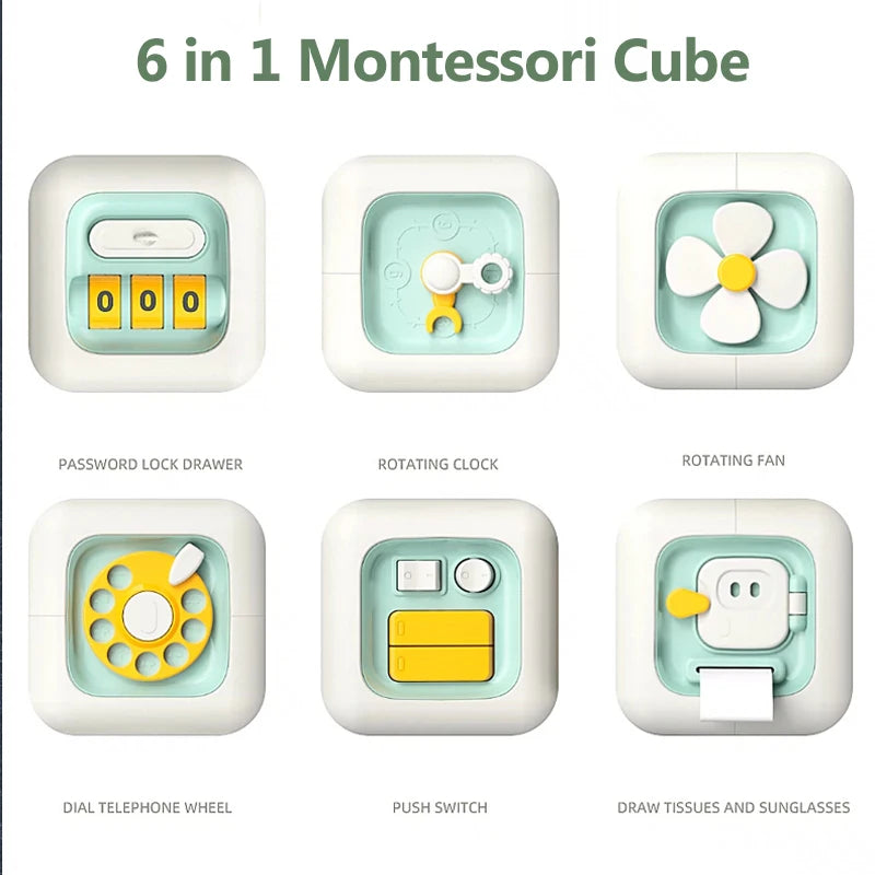 A set of six Montessori cubes including a password lock drawer, rotating clock, rotating fan, dial telephone wheel, push swit